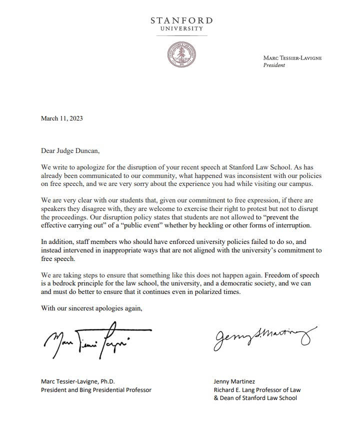 Stanford University apology letter to Judge Kyle Duncan 2023