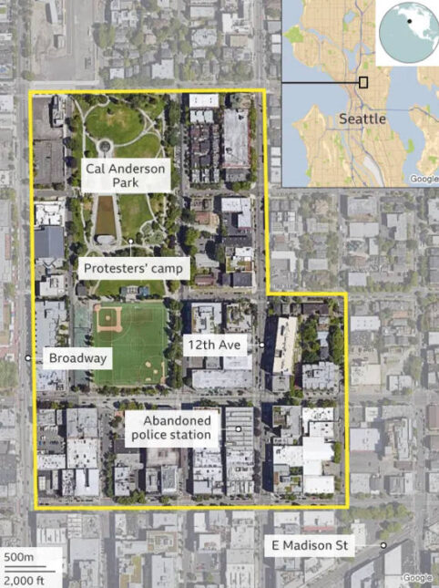 Overhead map of Capital Hill area showing CHAZ/CHOP camp and abandoned police station