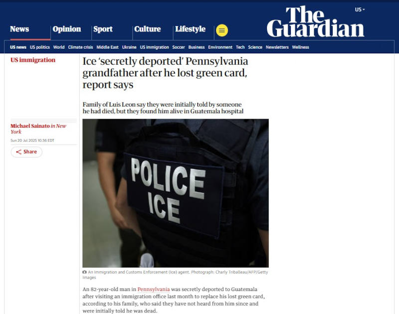 Screenshot of Guardian article claiming ICE secretly deported individual