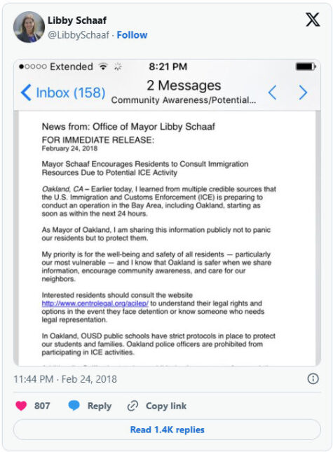 Screenshot of Oakland Mayor Libby Schaaf's email warning of ICE activity