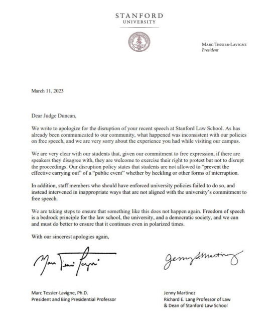 Stanford University letter of apology to Judge Kyle Duncan