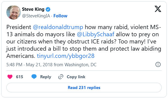 Steve King tweet condemning Mayor Libby Schaaf's warning of ICE raids