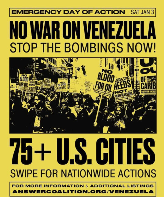 No War on Venezuela day of action social media promotion from Answer Coalition