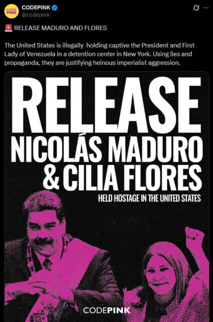 X Twitter post from CodePink demanding the release of Nicolas Maduro and Cilia Flores
